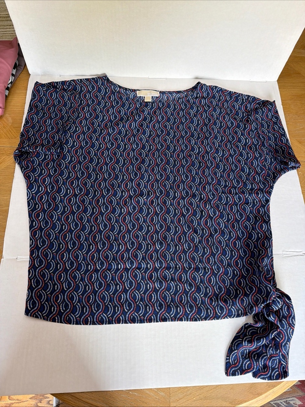Michael Kors Navy Wave Print Short Sleeve Blouse with Side Tie